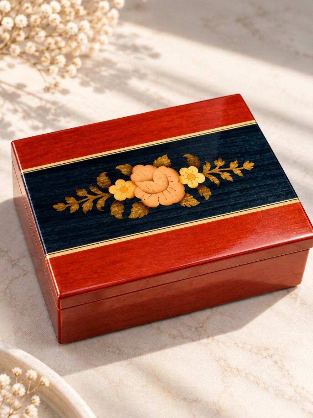 Vintage Italian Inlaid Wood Music Jewelry Box Sorrento Isle of Capri Floral